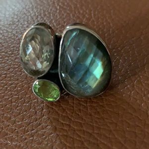 Green laboridite, peridot & quartz stone & sterling silver ring size 7